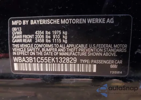 2014 BMW 320I из США, поврежденный, VIN WBA3B1C55EK132829